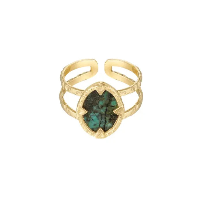 Green Steel Gold Plated  Stone Ring