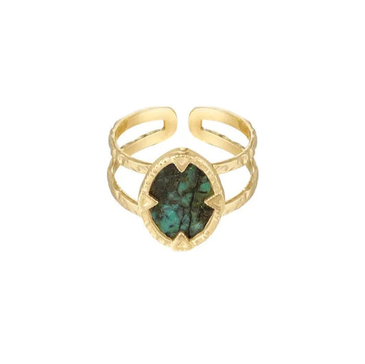 Green Steel Gold Plated  Stone Ring